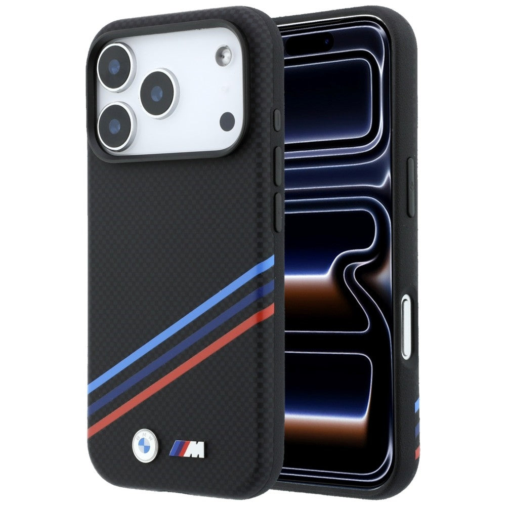BMW M Quadrille Kevlar Print Tricolor Lines &amp; Metal Logo MagSafe Case for iPhone 18 Pro / 17 Pro - Black_0