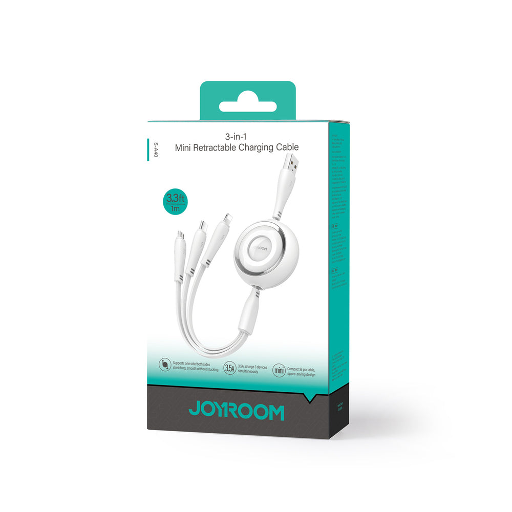 Joyroom Colorful Series S-A40 Cable Retractable 3in1 USB-A - USB-C / Lightning / Micro USB 1m - White - OUTLET_1