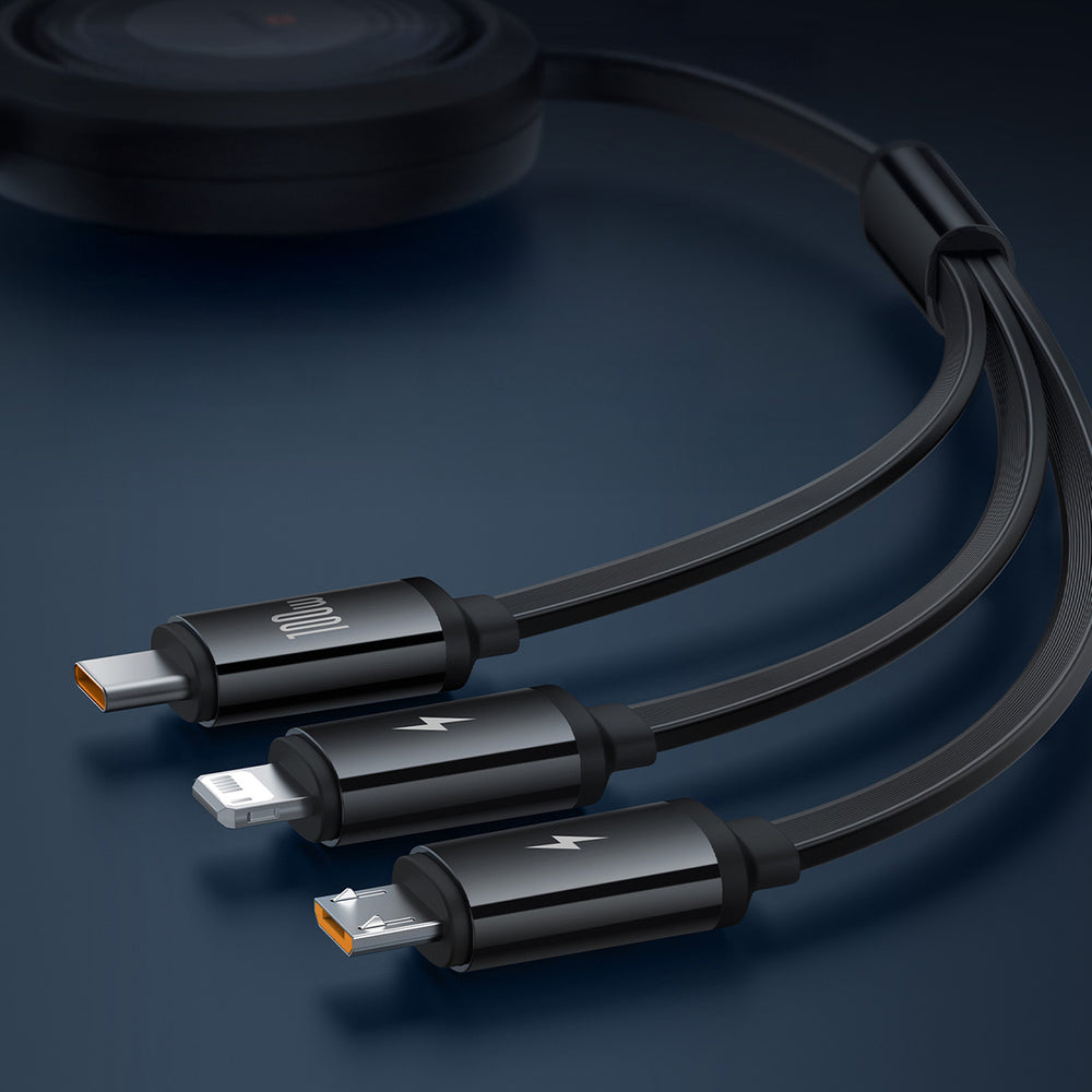 Baseus Free2Draw Retractable Crystal 100W 3in1 USB-A - MicroUSB/ Lightning/USB-C 1.1m Cable - Black - OUTLET_12