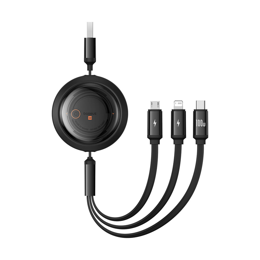 Baseus Free2Draw Retractable Crystal 100W 3in1 USB-A - MicroUSB/ Lightning/USB-C 1.1m Cable - Black - OUTLET_0