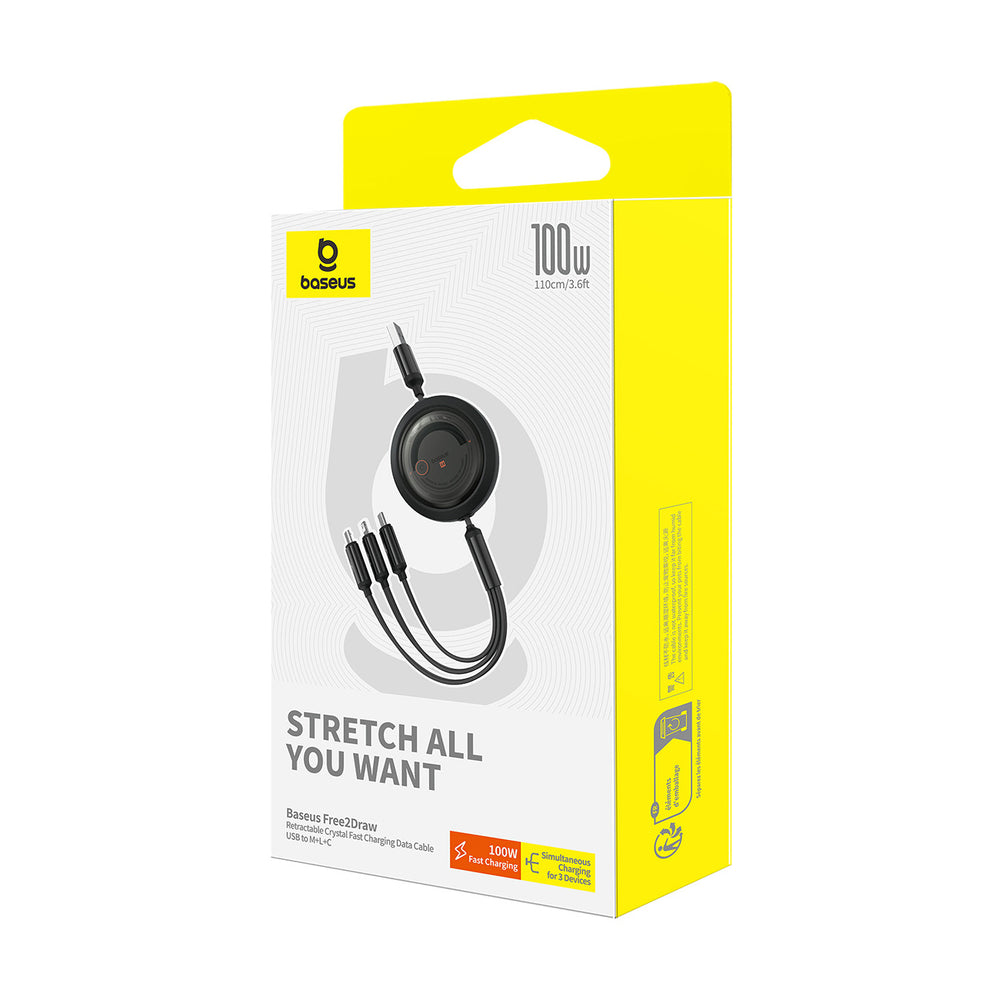 Baseus Free2Draw Retractable Crystal 100W 3in1 USB-A - MicroUSB/ Lightning/USB-C 1.1m Cable - Black - OUTLET_6
