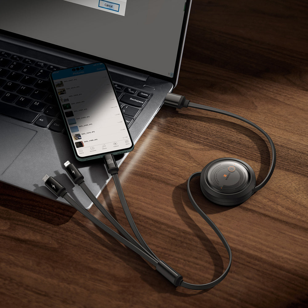 Baseus Free2Draw Retractable Crystal 100W 3in1 USB-A - MicroUSB/ Lightning/USB-C 1.1m Cable - Black - OUTLET_8