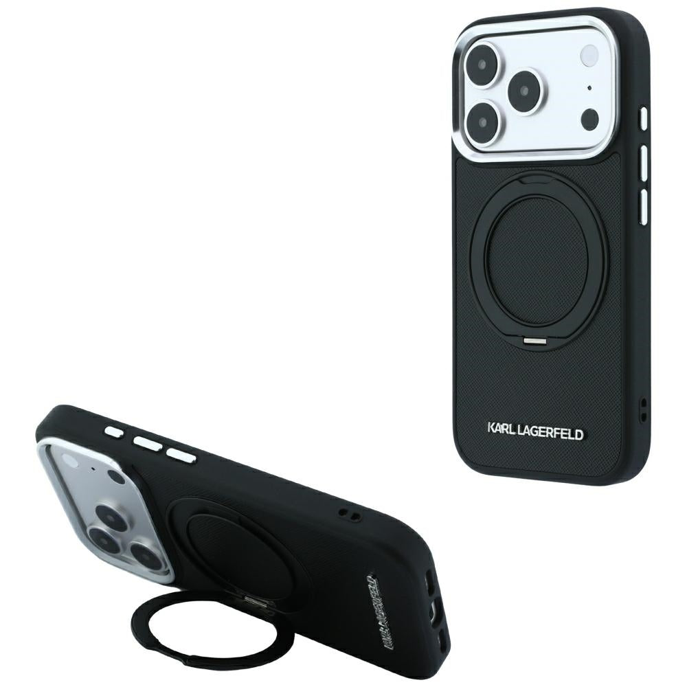 Hard Case Karl Lagerfeld Ring Stand 360 Saffiano with MagSafe for Apple iPhone 18 Pro / 17 Pro, Black_0