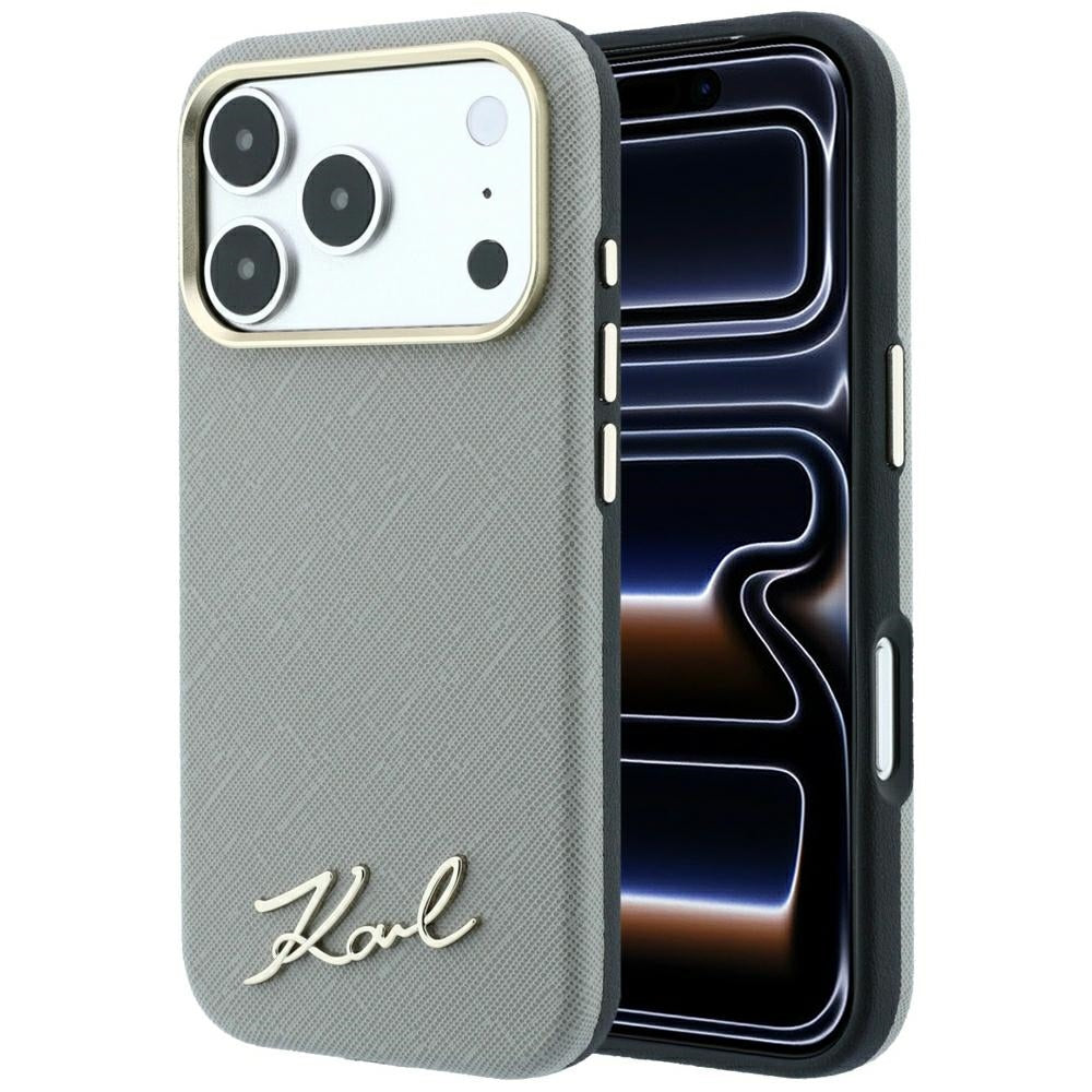 Hard Case Karl Lagerfeld Saffiano Small Script Metal Logo with MagSafe for Apple iPhone 18 Pro / 17 Pro, Taupe_0