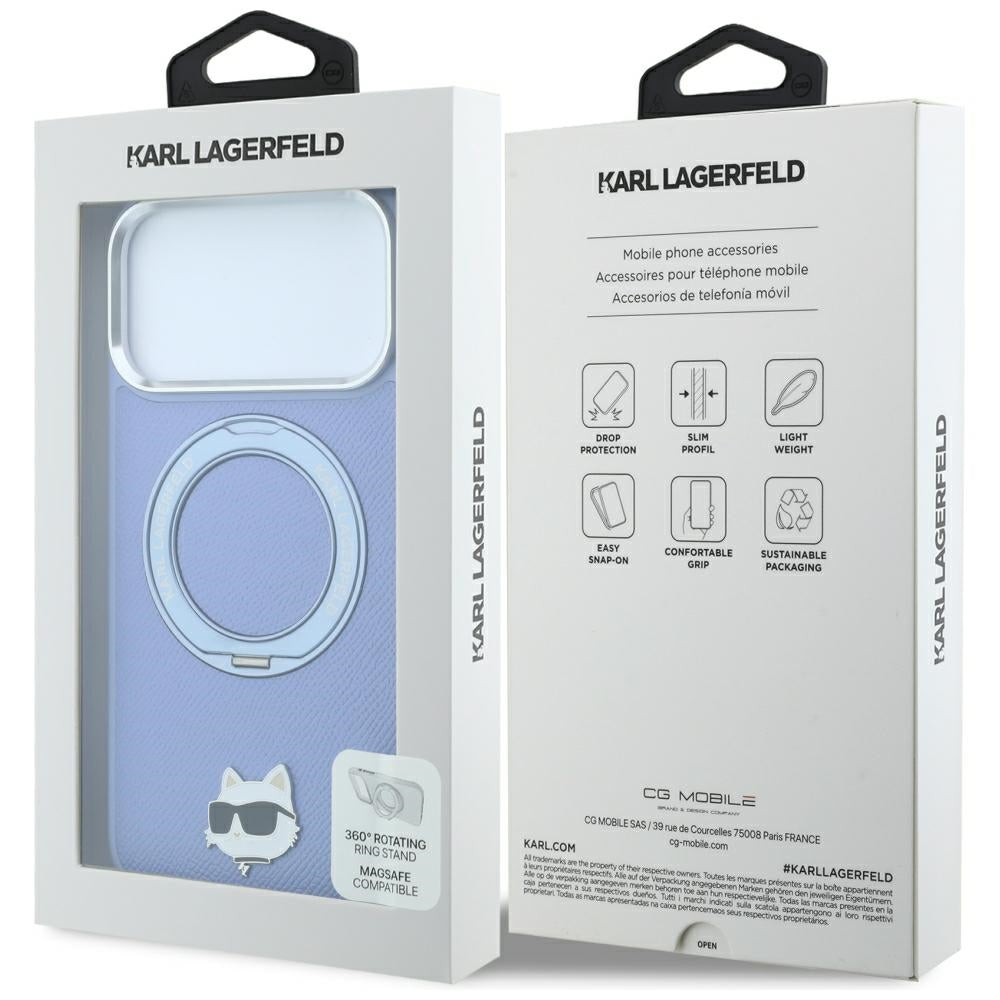 Hard Case Karl Lagerfeld Saffiano Ring Stand 360 Choupette Pin with MagSafe for Apple iPhone 18 Pro Max / 17 Pro Max, Light Blue_7