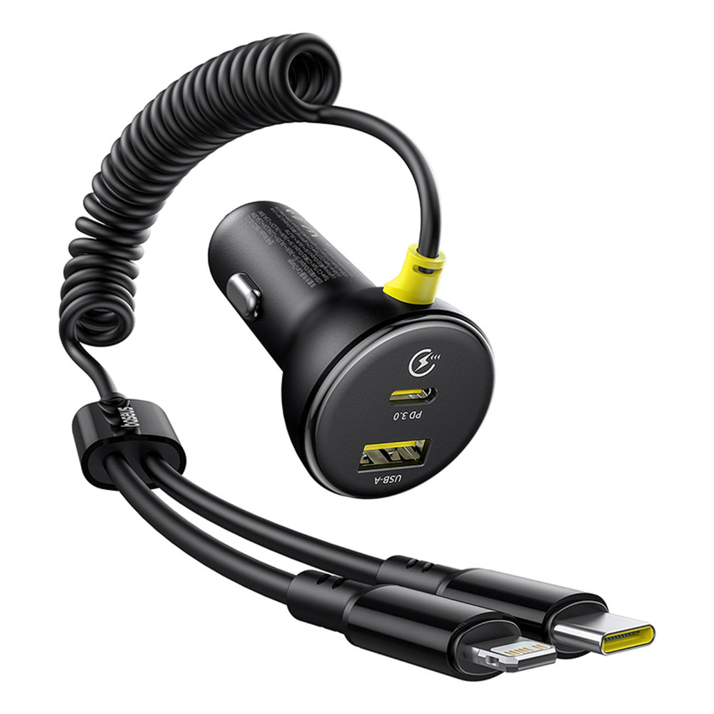 Baseus Circular 60W USB-A + USB-C Car Charger with Built-in Lightning + USB-C Cable 1.4m - Black - OUTLET_0