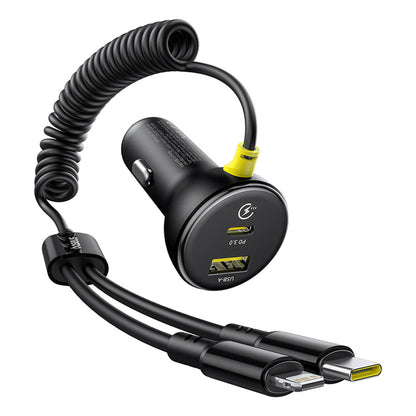 Baseus Circular 60W USB-A + USB-C Car Charger with Built-in Lightning + USB-C Cable 1.4m - Black - OUTLET_0