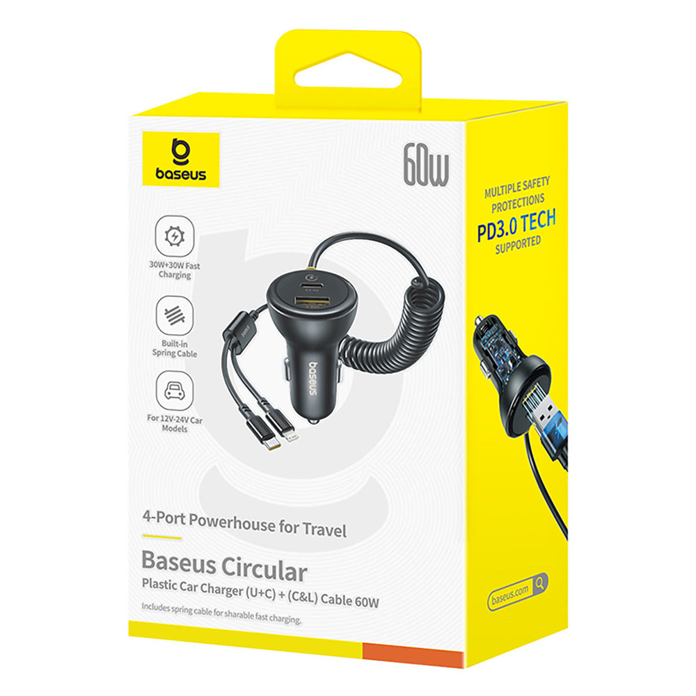 Baseus Circular 60W USB-A + USB-C Car Charger with Built-in Lightning + USB-C Cable 1.4m - Black - OUTLET_6