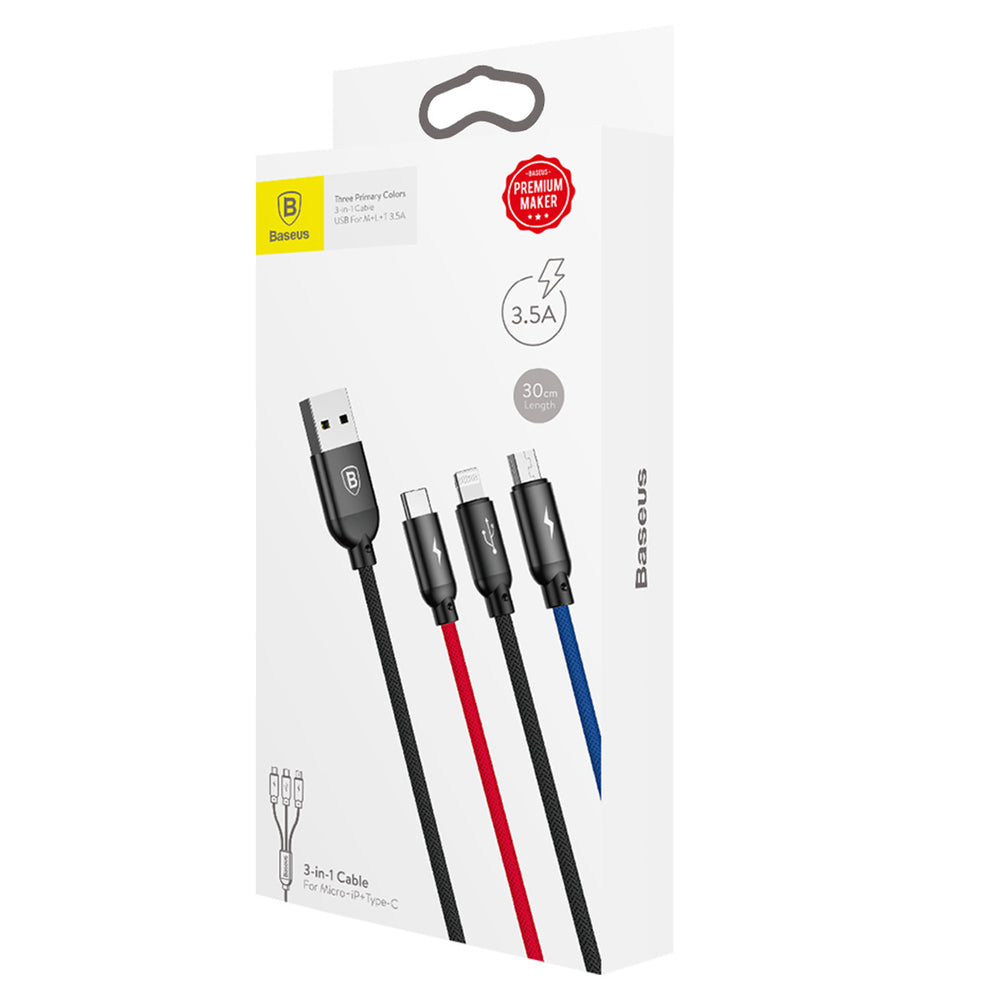 Baseus Three Primary Colors 3in1 USB-A - micro USB / Lightning / USB-C 3.5A cable 0.3 m - black - OUTLET_6