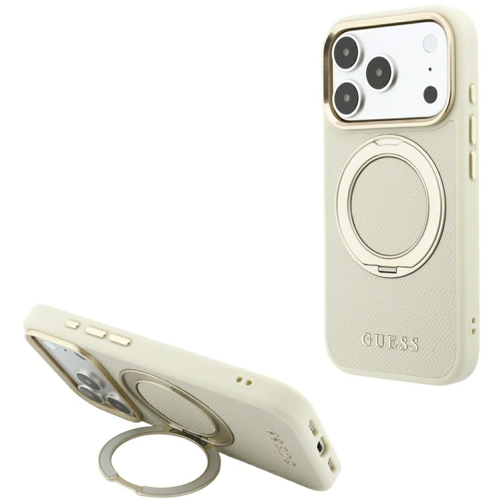 Guess Ring Stand 360 Grained Classic Logo MagSafe Case for iPhone 18 Pro / 17 Pro - Beige_0
