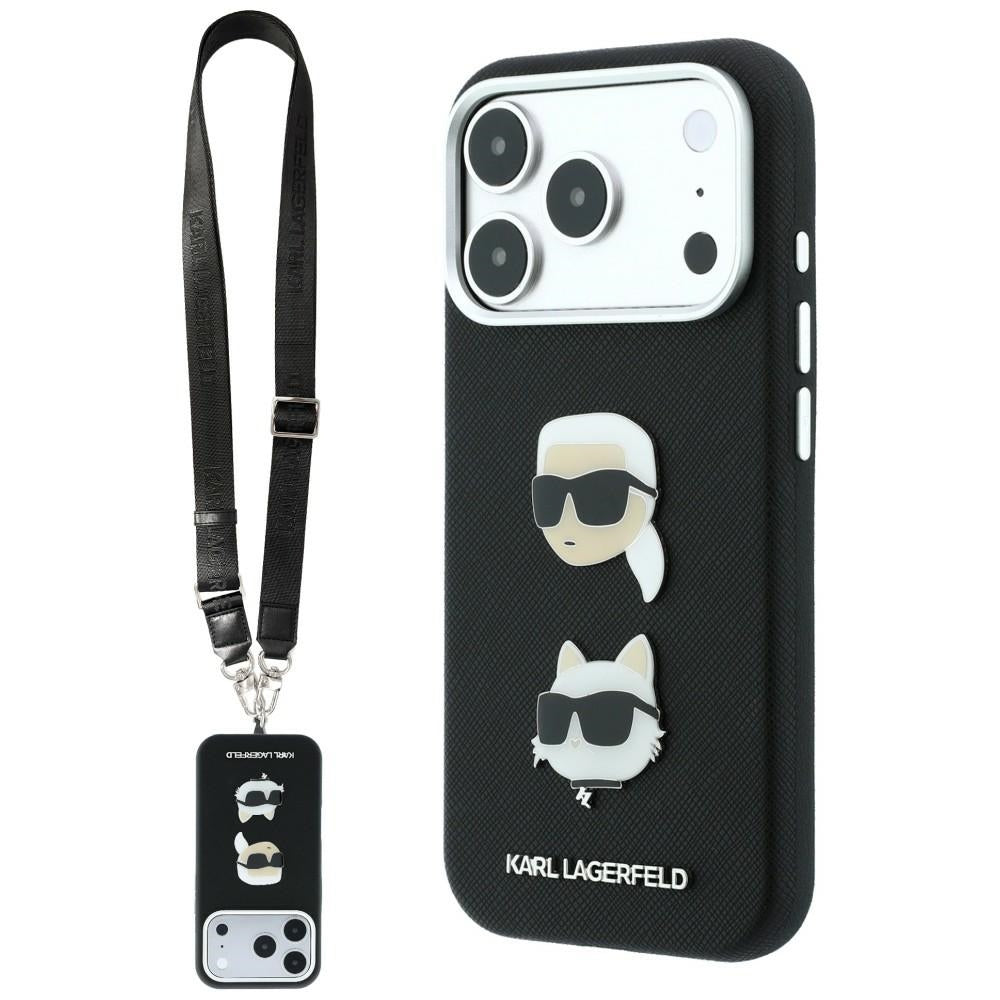 Karl Lagerfeld Saffiano Karl&amp;Choupette Heads Pins Strap Logo Case for iPhone 18 Pro / 17 Pro - Black_0