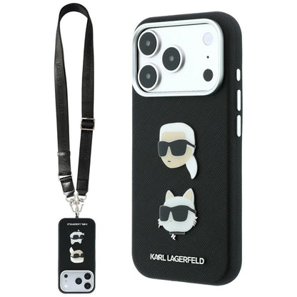 Karl Lagerfeld Saffiano Karl&amp;Choupette Heads Pins Strap Logo Case for iPhone 18 Pro / 17 Pro - Black_0