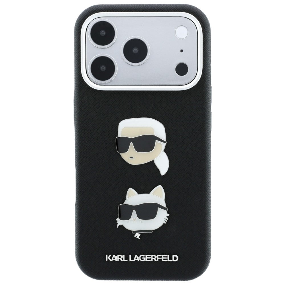 Karl Lagerfeld Saffiano Karl&amp;Choupette Heads Pins Strap Logo Case for iPhone 18 Pro / 17 Pro - Black_3
