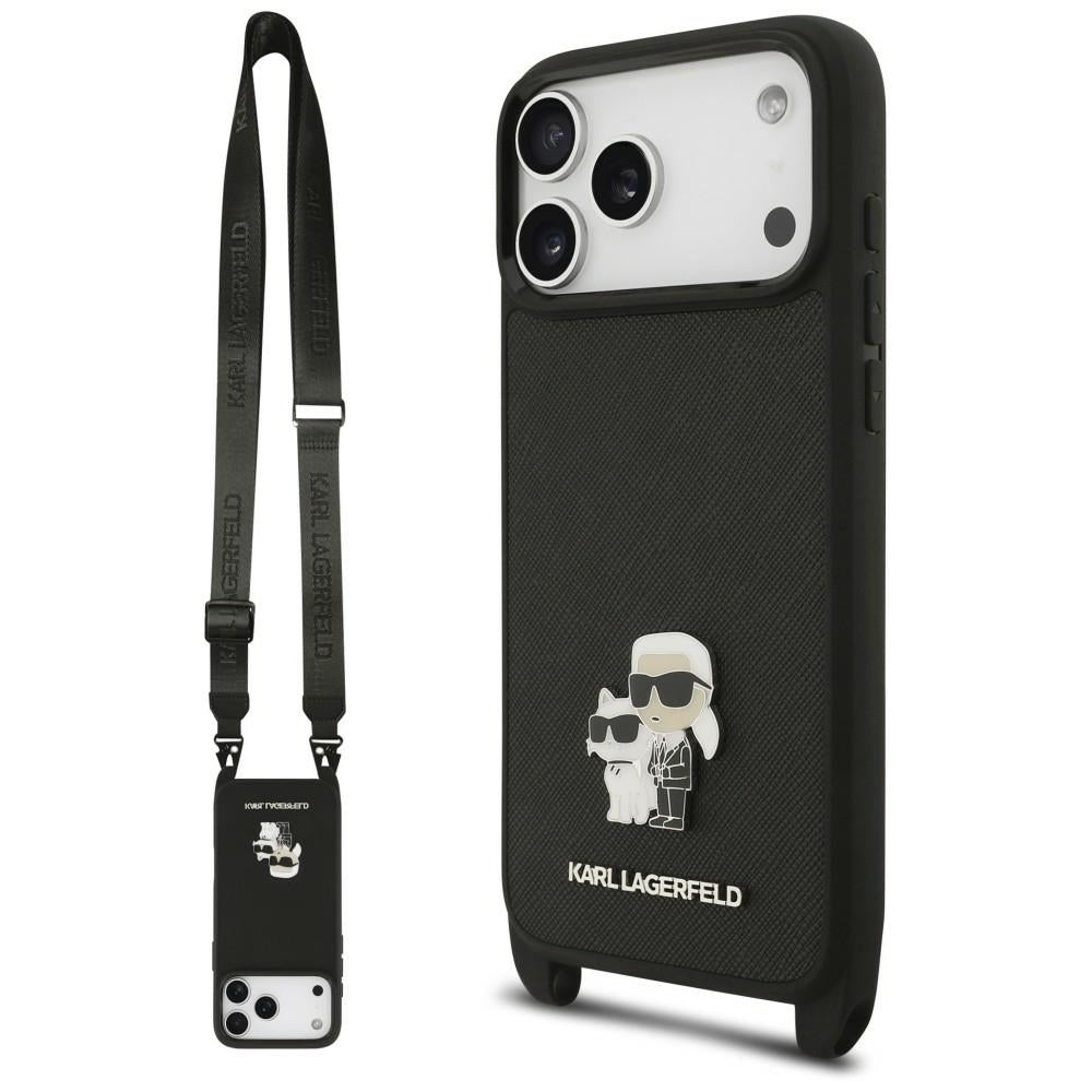 Karl Lagerfeld Saffiano Karl&amp;Choupette Metal Pin CBDY Strap Case for iPhone 18 Pro / 17 Pro - Black_0