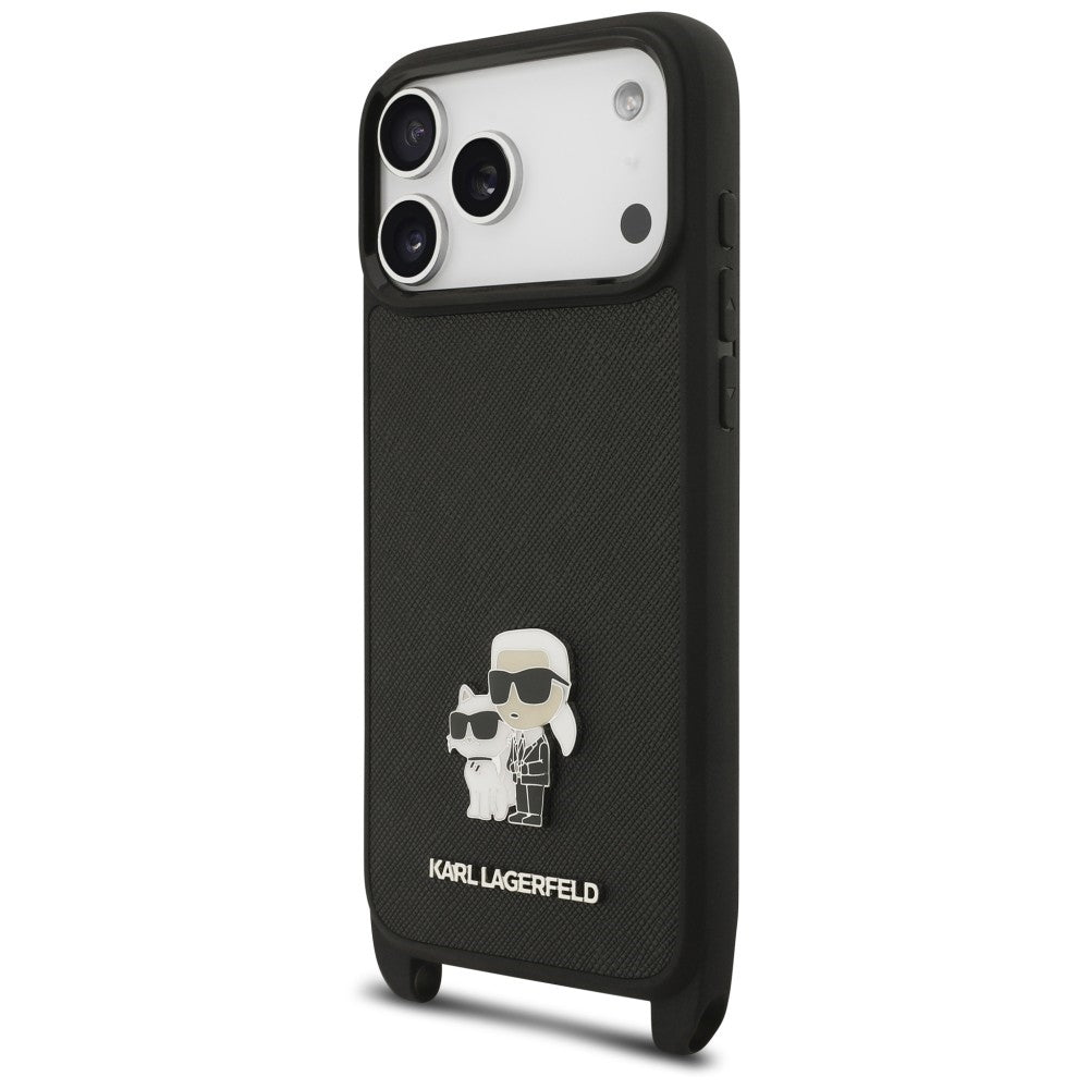 Karl Lagerfeld Saffiano Karl&amp;Choupette Metal Pin CBDY Strap Case for iPhone 18 Pro / 17 Pro - Black_2
