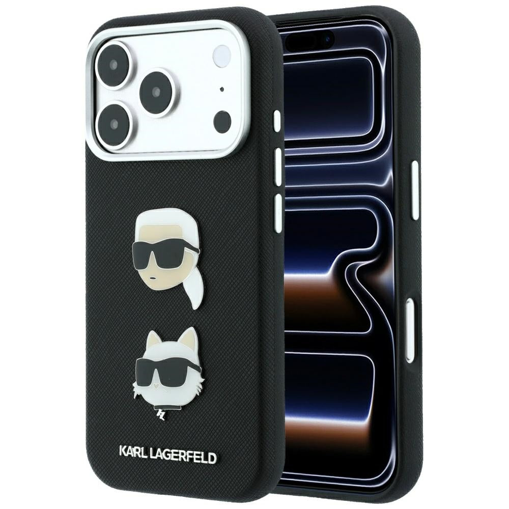 Karl Lagerfeld Saffiano Case with Karl &amp; Choupette Heads Pins &amp; Logo for iPhone 18 Pro / 17 Pro - Black_0