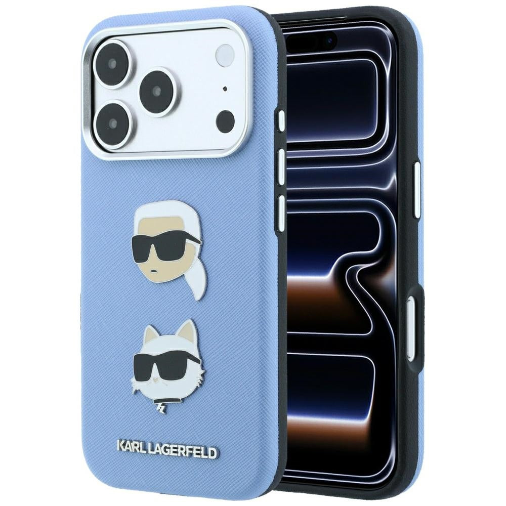 Karl Lagerfeld Saffiano with Karl &amp; Choupette Heads Pins &amp; Logo case for iPhone 18 Pro / 17 Pro - light blue_0