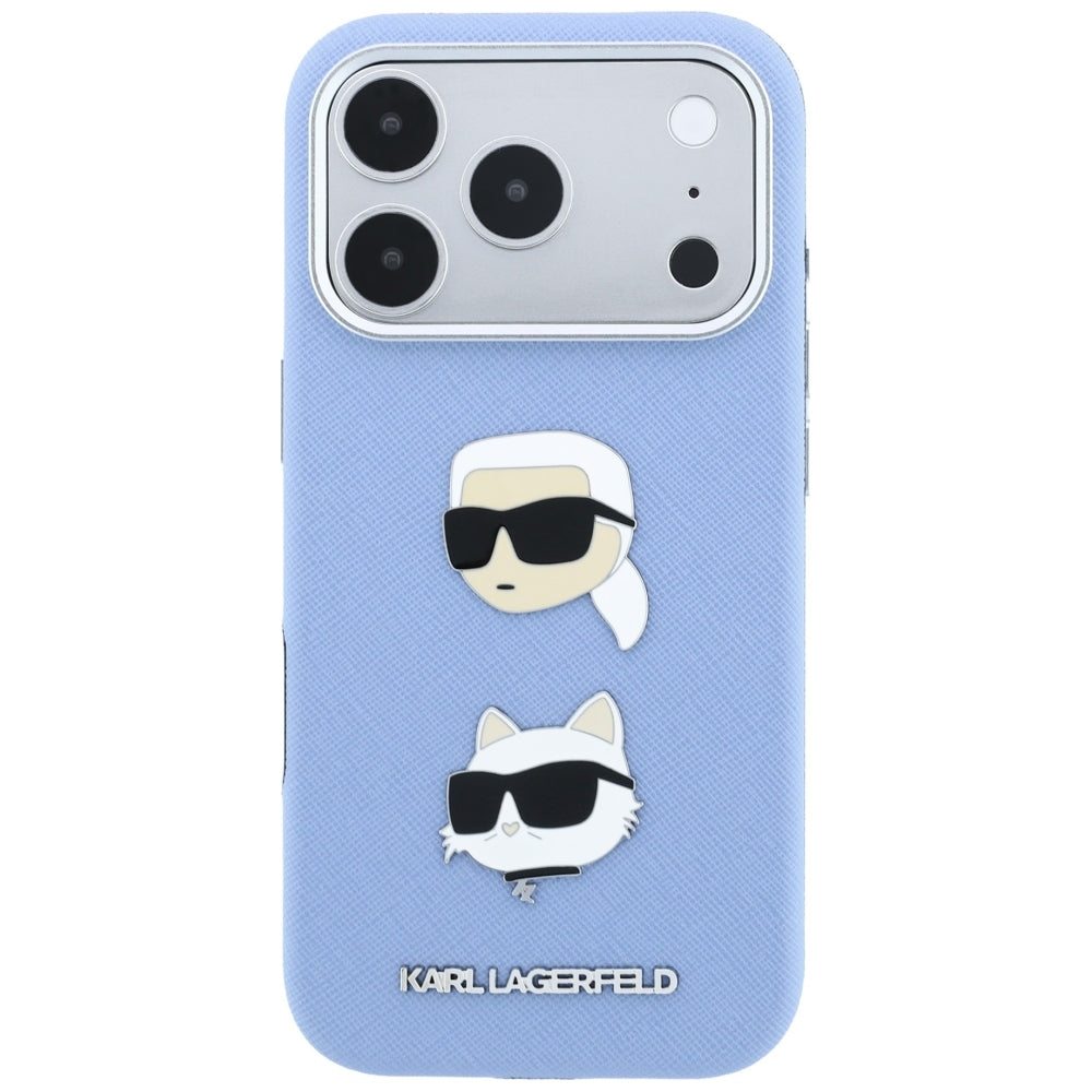 Karl Lagerfeld Saffiano with Karl &amp; Choupette Heads Pins &amp; Logo case for iPhone 18 Pro / 17 Pro - light blue_2