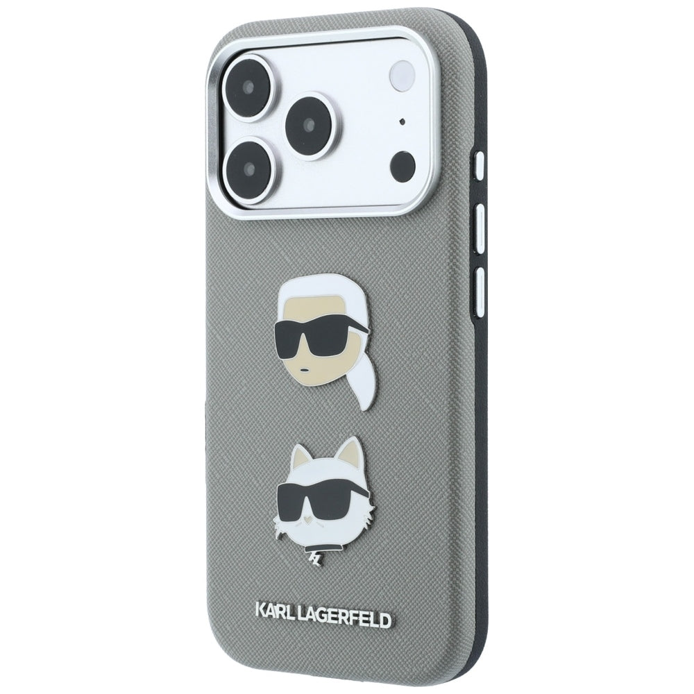 Karl Lagerfeld Saffiano Case with Karl &amp; Choupette Heads Pins &amp; Logo for iPhone 18 Pro / 17 Pro - Gray_1