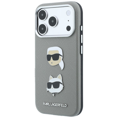 Karl Lagerfeld Saffiano Case with Karl &amp; Choupette Heads Pins &amp; Logo for iPhone 18 Pro / 17 Pro - Gray_1