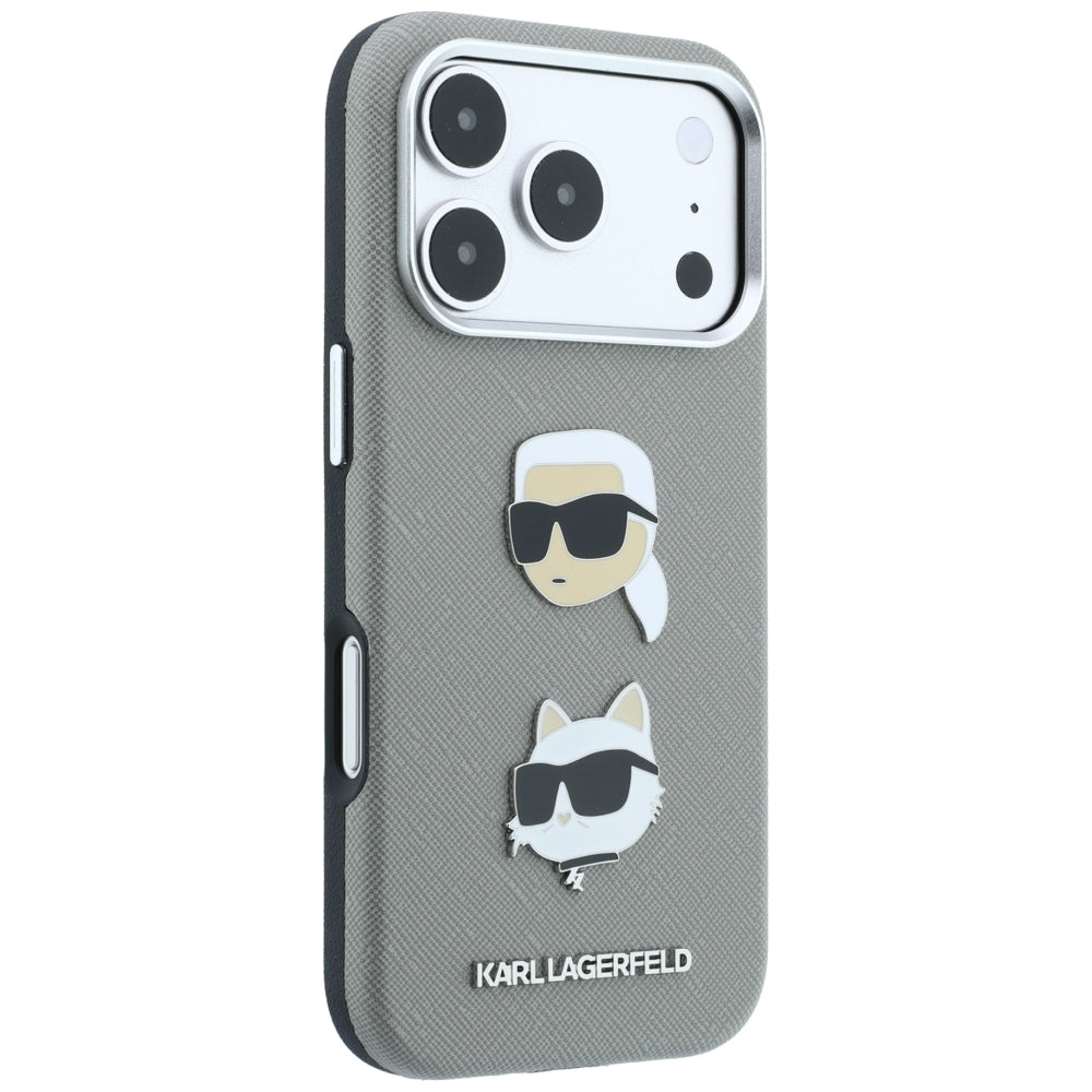Karl Lagerfeld Saffiano Case with Karl &amp; Choupette Heads Pins &amp; Logo for iPhone 18 Pro / 17 Pro - Gray_3