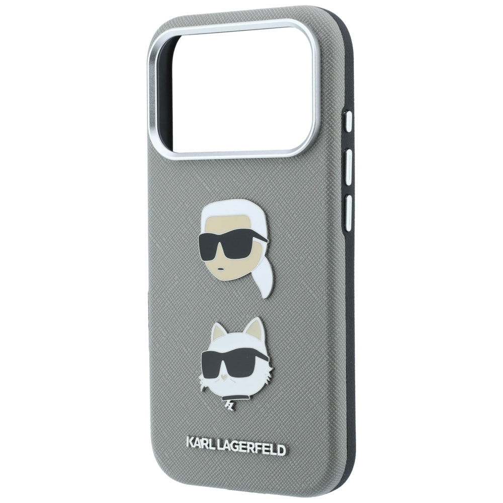 Karl Lagerfeld Saffiano Case with Karl &amp; Choupette Heads Pins &amp; Logo for iPhone 18 Pro / 17 Pro - Gray_5