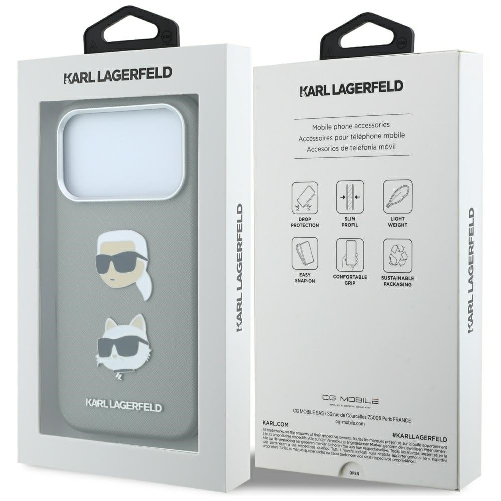 Karl Lagerfeld Saffiano Case with Karl &amp; Choupette Heads Pins &amp; Logo for iPhone 18 Pro / 17 Pro - Gray_7