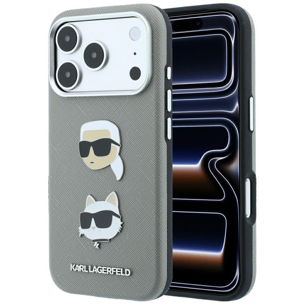 Karl Lagerfeld Saffiano Case with Karl &amp; Choupette Heads Pins &amp; Logo for iPhone 18 Pro Max / 17 Pro Max - Gray_0