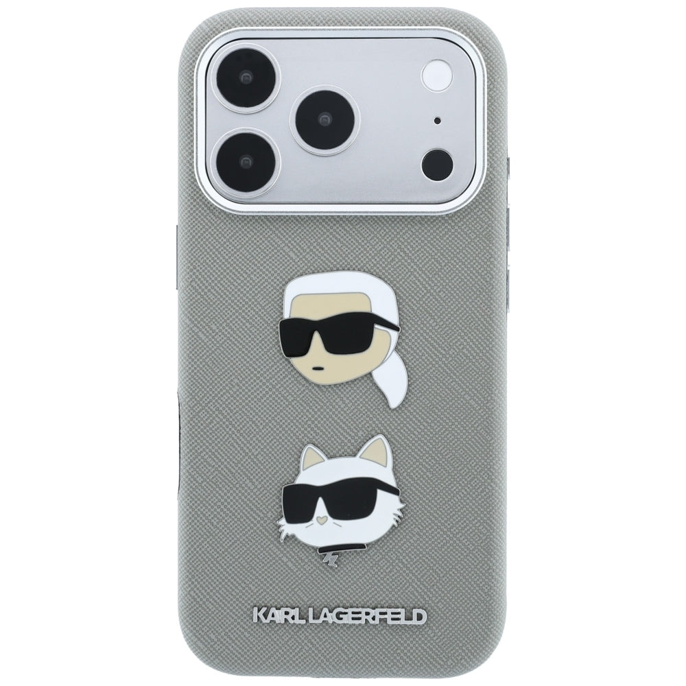 Karl Lagerfeld Saffiano Case with Karl &amp; Choupette Heads Pins &amp; Logo for iPhone 18 Pro Max / 17 Pro Max - Gray_2