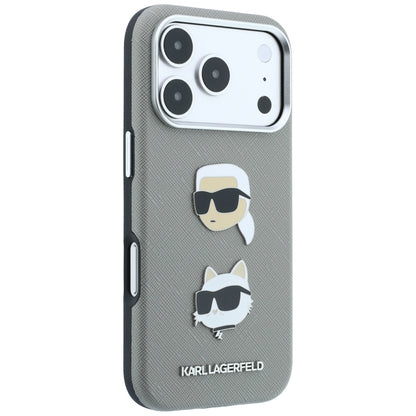 Karl Lagerfeld Saffiano Case with Karl &amp; Choupette Heads Pins &amp; Logo for iPhone 18 Pro Max / 17 Pro Max - Gray_3