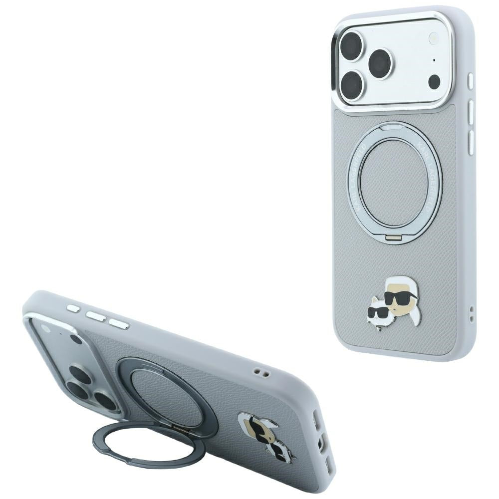 Karl Lagerfeld with Ring Stand 360 Karl &amp; Choupette Heads Pin MagSafe Case for iPhone 18 Pro / 17 Pro - Gray_0