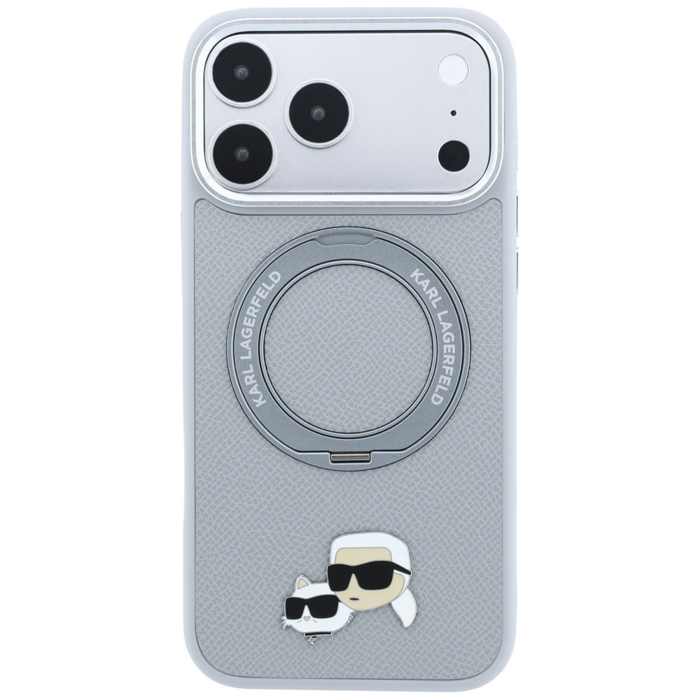Karl Lagerfeld with Ring Stand 360 Karl &amp; Choupette Heads Pin MagSafe Case for iPhone 18 Pro / 17 Pro - Gray_2