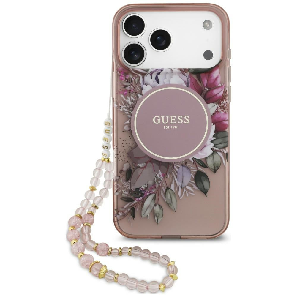 Etui Guess IML Flowers Pearl Strap MagSafe na iPhone 18 Pro / 17 Pro - różowe_0