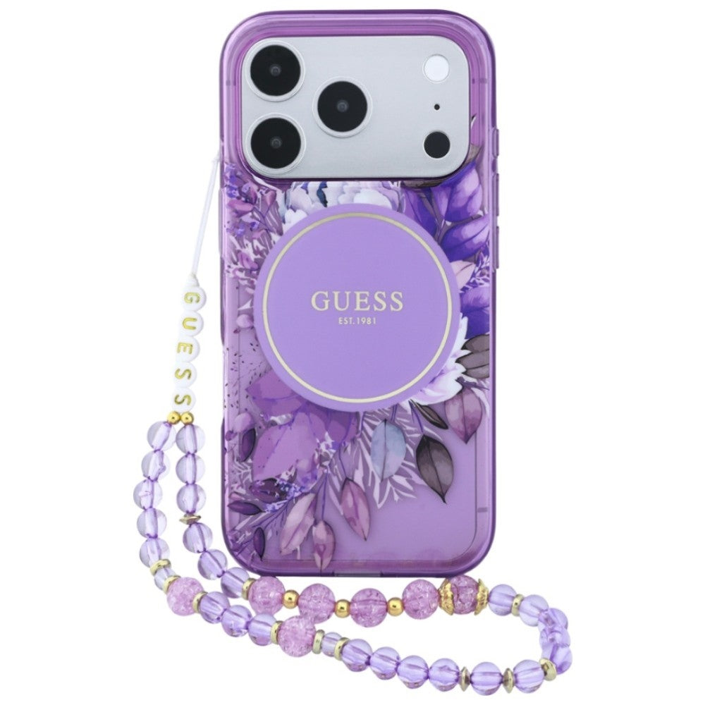 Etui Guess IML Flowers Pearl Strap MagSafe na iPhone 18 Pro Max / 17 Pro Max - fioletowe_0