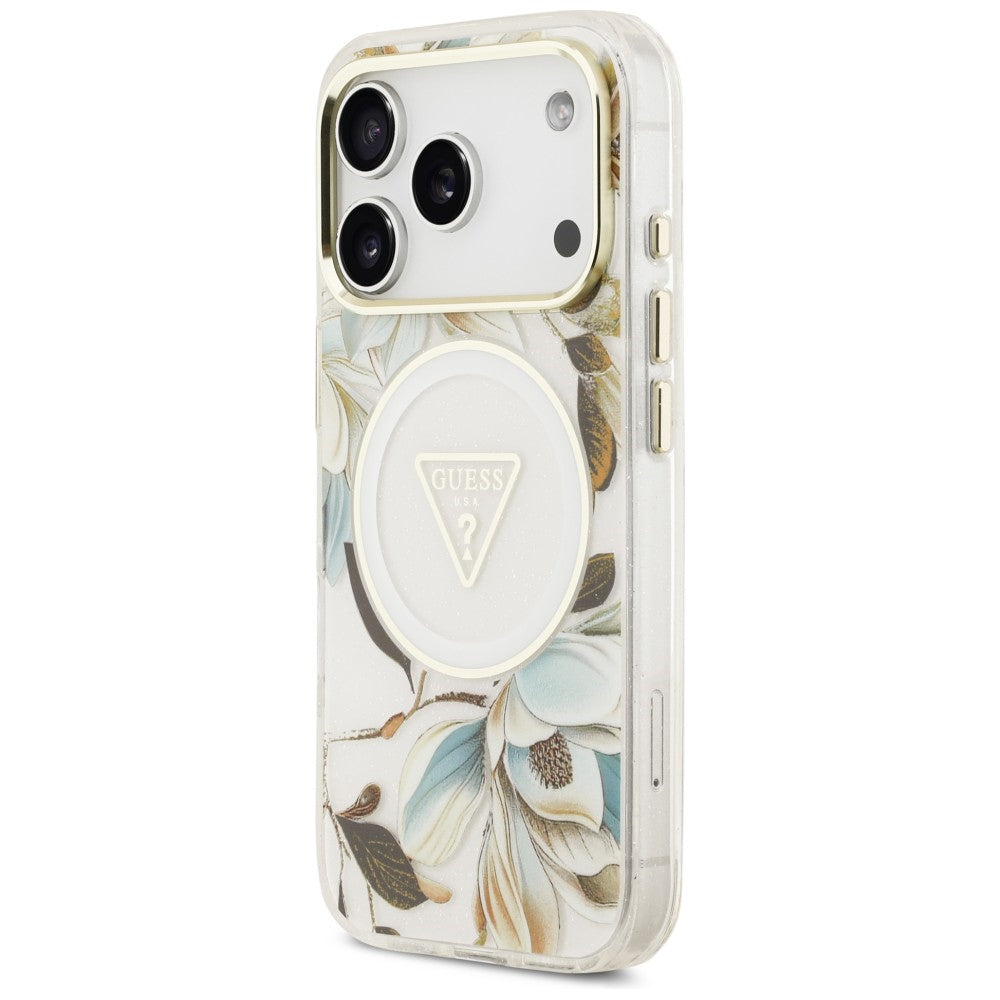 Etui Guess IML Glitter Flowers Triangle MagSafe na iPhone 18 Pro Max / 17 Pro Max - białe_1