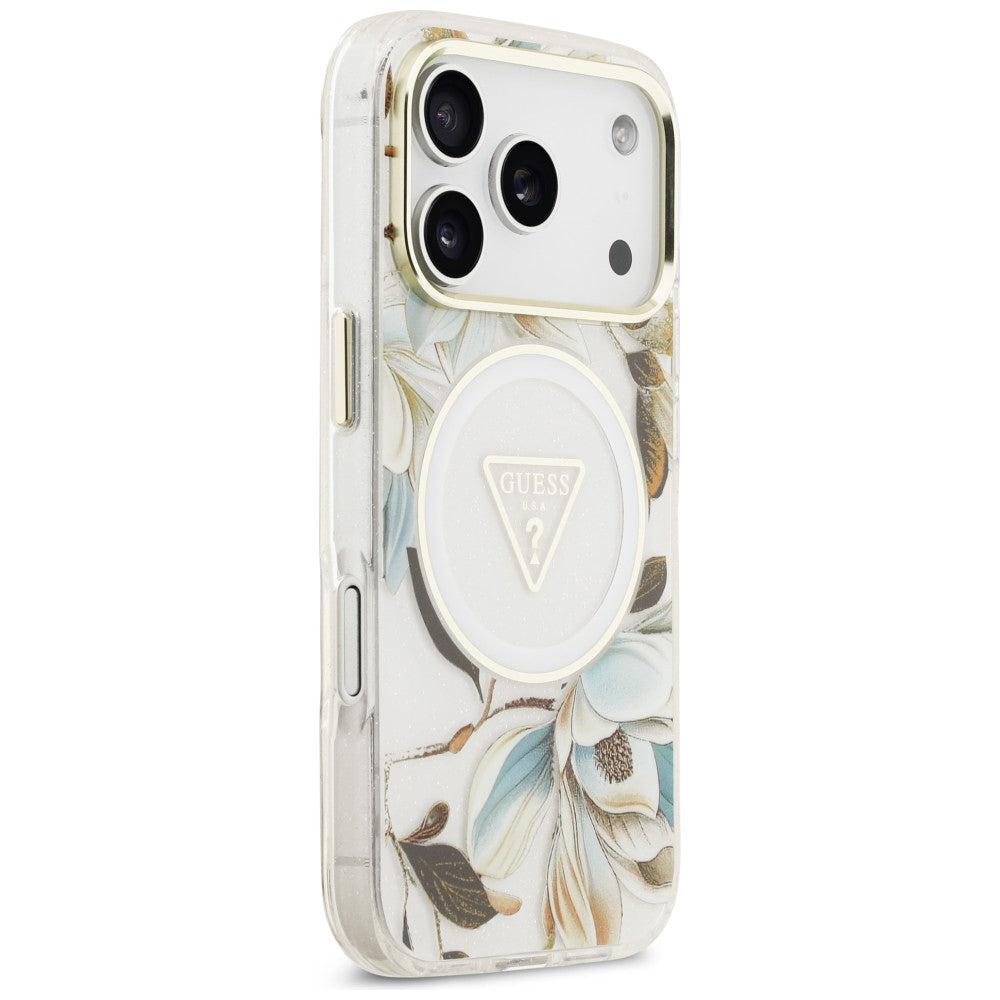 Etui Guess IML Glitter Flowers Triangle MagSafe na iPhone 18 Pro Max / 17 Pro Max - białe_3