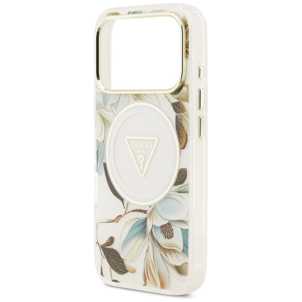 Etui Guess IML Glitter Flowers Triangle MagSafe na iPhone 18 Pro Max / 17 Pro Max - białe_5