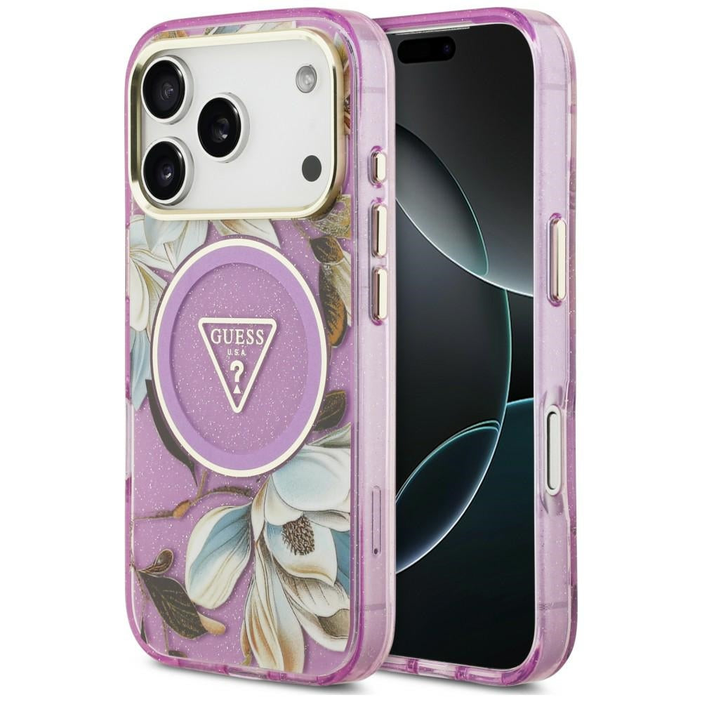Etui Guess IML Glitter Flowers Triangle MagSafe na iPhone 18 Pro Max / 17 Pro Max - fioletowe_0