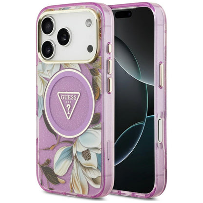 Etui Guess IML Glitter Flowers Triangle MagSafe na iPhone 18 Pro Max / 17 Pro Max - fioletowe_0