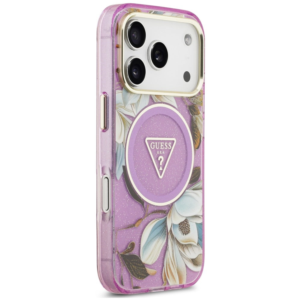 Etui Guess IML Glitter Flowers Triangle MagSafe na iPhone 18 Pro Max / 17 Pro Max - fioletowe_3