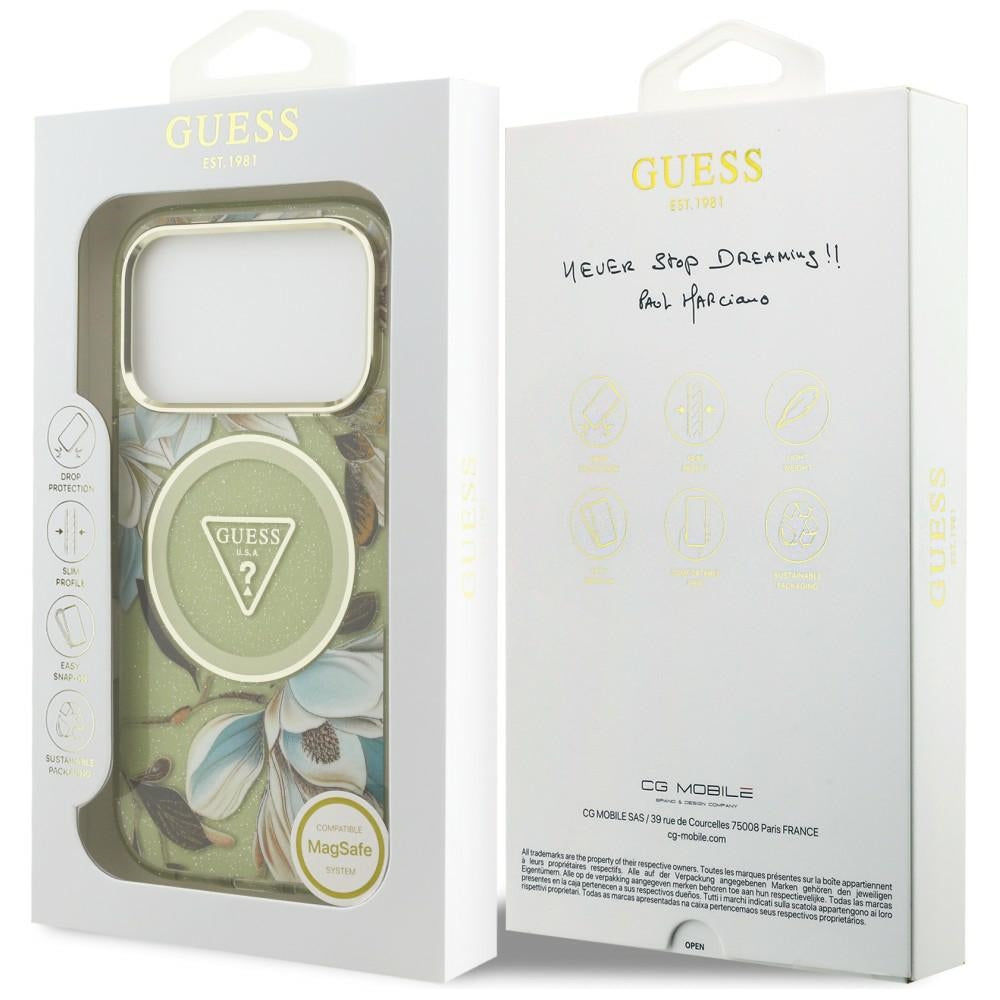 Etui Guess IML Glitter Flowers Triangle MagSafe na iPhone 18 Pro Max / 17 Pro Max - zielone_7