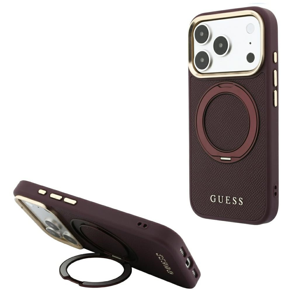 Etui Guess Ring Stand 360 Grained Classic Logo MagSafe na iPhone 18 Pro / 17 Pro - burgundowe_0