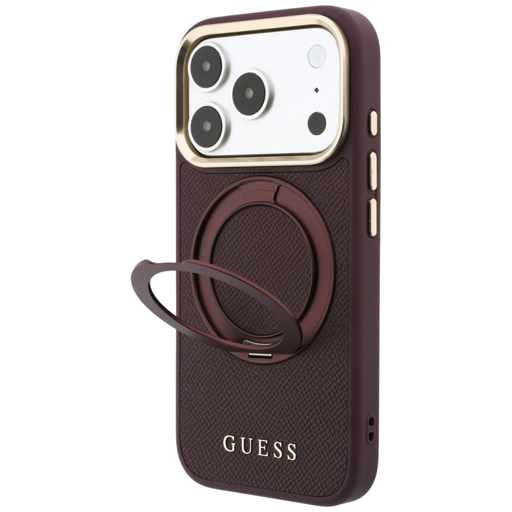 Etui Guess Ring Stand 360 Grained Classic Logo MagSafe na iPhone 18 Pro / 17 Pro - burgundowe_1