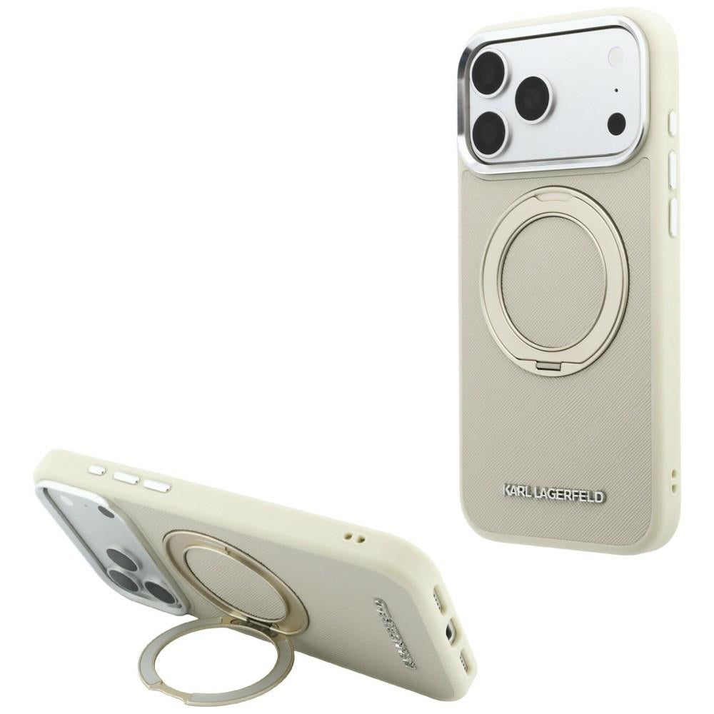 Etui Karl Lagerfeld Ring Stand 360 Saffiano Classic Logo MagSafe na iPhone 18 Pro / 17 Pro - beżowe_0
