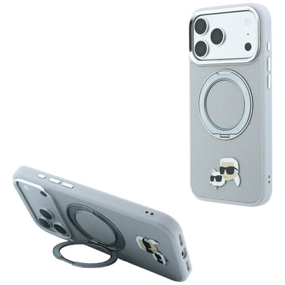 Etui Karl Lagerfeld with Ring Stand 360 Karl & Choupette Heads Pin MagSafe na iPhone 18 Pro Max / 17 Pro Max - szare_0