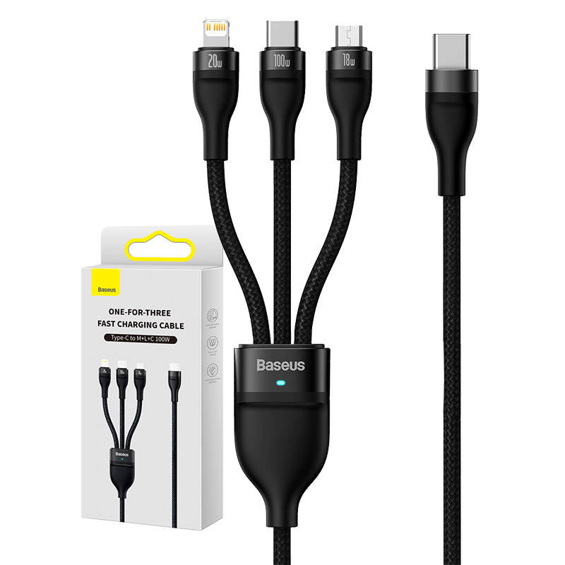 3in1 USB cable Baseus Flash Series 2, USB-C + micro USB + Lightning, 100W, 1.5m (black)_0