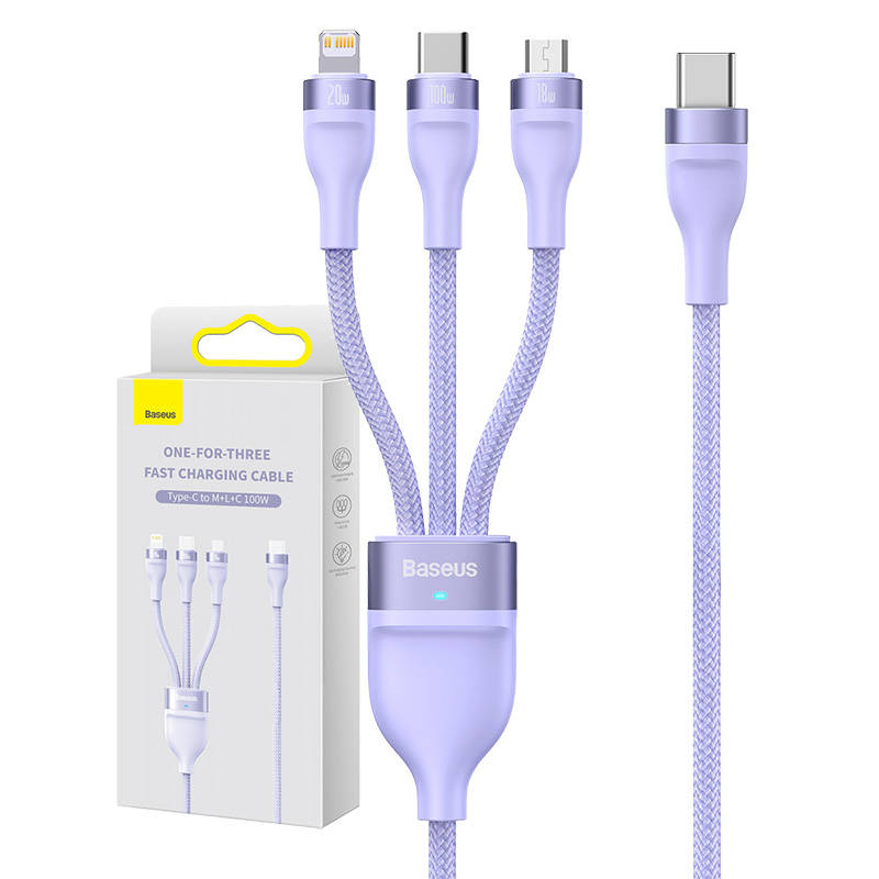 3in1 USB cable Baseus Flash Series 2, USB-C + micro USB + Lightning, 100W, 1.5m (purple)_0