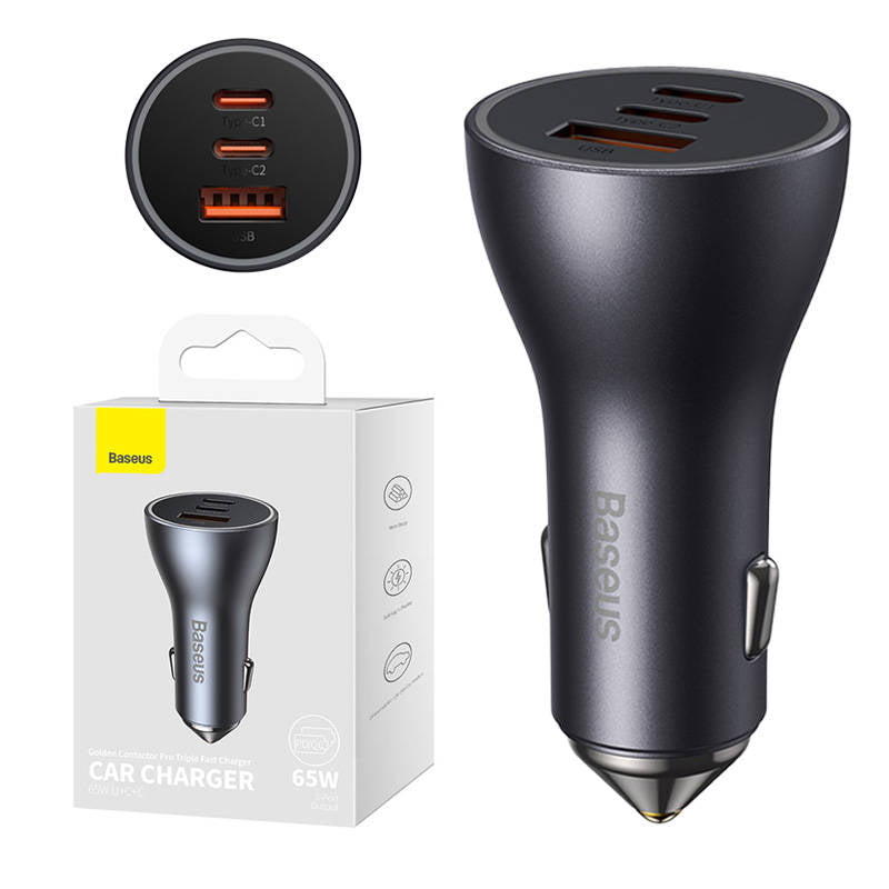 Car charger Baseus Golden Contactor Pro, 2x USB-C, 1x USB, 65W (grey)_0