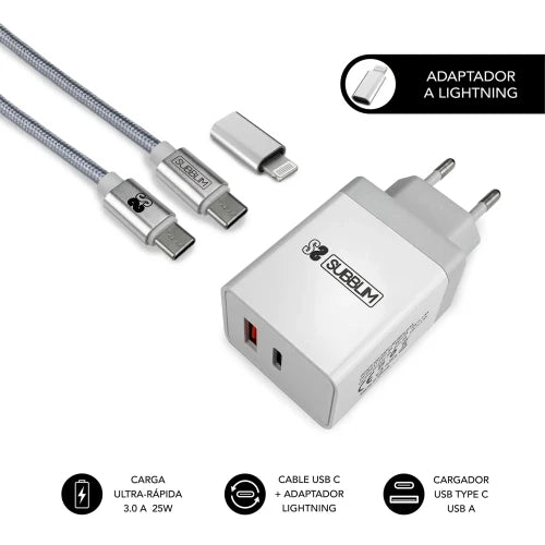 SUBBLIM SUBCHG-3WPD10 cargador de dispositivo móvil Universal Plata, Blanco Corriente alterna Carga rápida Interior_0