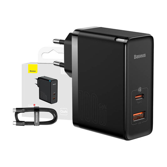 Wall charger Baseus GaN USB-C + USB, 100W + 1m cable (black)_0